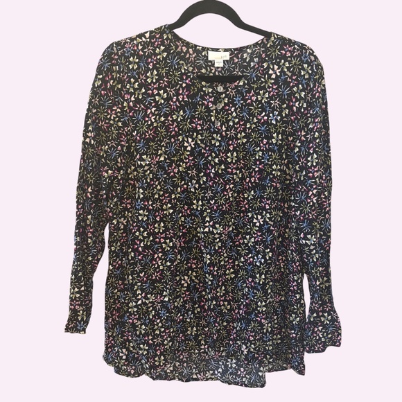 J. Jill Black Multicolor Floral Print Long Sleeve Blouse Women’s Medium - Picture 1 of 10